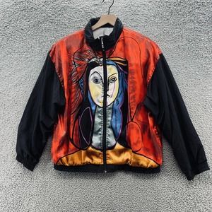 VTG 80s Julia Michaels Jacket Womens Medium Black Colorful Satin Art Bomber